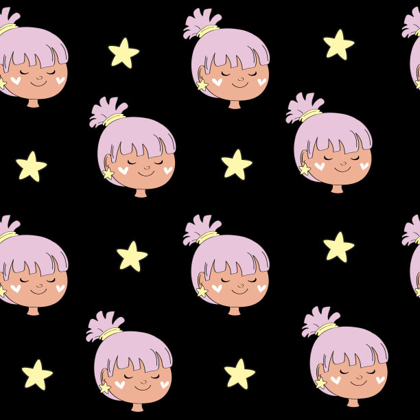 可爱的小女孩的头与粉红色的头发和星星在黑色背景无缝的儿童图案图片下载