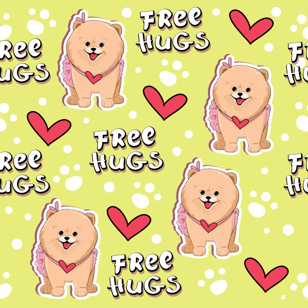 漂亮的贴纸小狗女孩穿着无缝的裙子图案在黄色的背景上。矢量卡通插图的孩子t恤设计图片下载