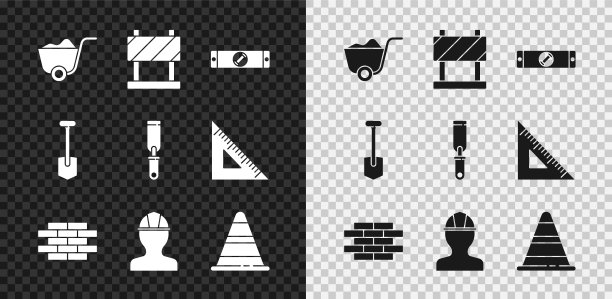 设置铲子，道路屏障，建筑气泡水平，砖，工人安全帽，交通锥，锉刀金属文件图标。向量图片下载