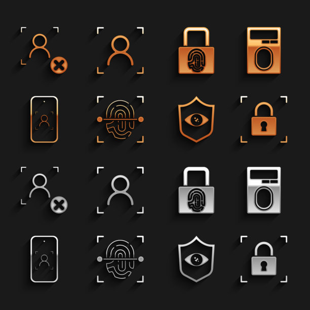 设置指纹，锁，屏蔽眼扫描，移动和面部识别，拒绝和面部图标。向量图片下载