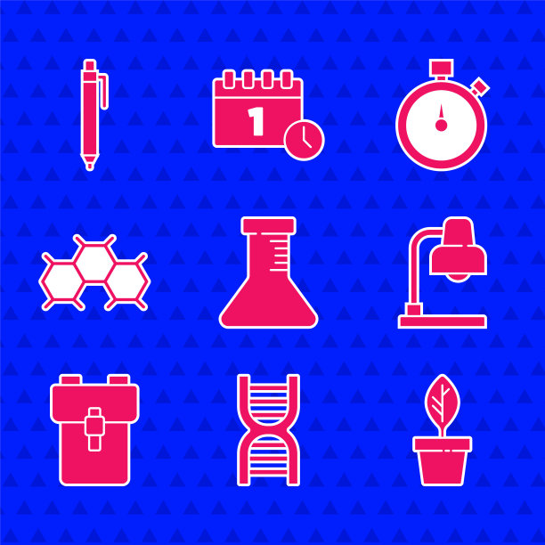 设置试管和烧瓶，DNA符号，植物在花盆，台灯，学校背包，化学配方，秒表和笔图标。向量图片下载