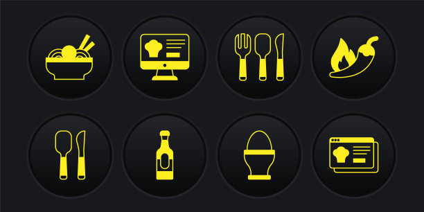 设置刀和勺子，辣椒辣椒荚，酒瓶，鸡蛋摊，叉子，刀，在线订购送货，和亚洲面条碗图标。向量图片下载