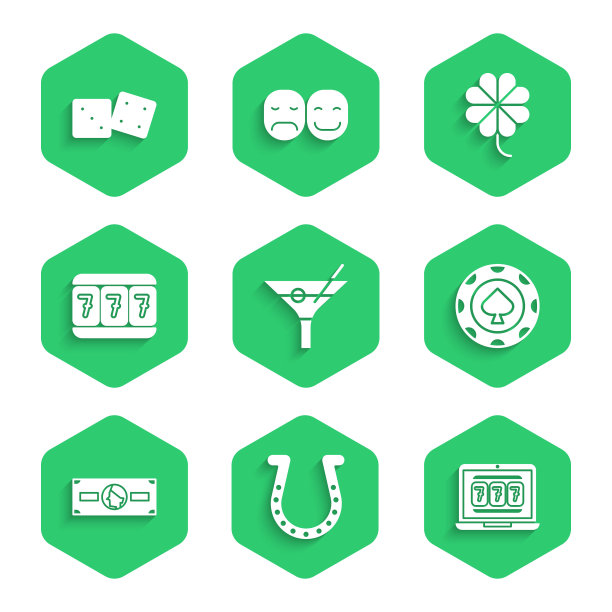 集马提尼玻璃，马蹄铁，笔记本电脑和老虎机，赌场筹码，堆栈纸钱现金，老虎机与幸运七，三叶草和游戏骰子图标。向量图片下载