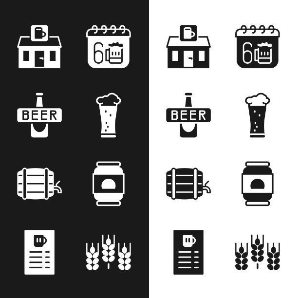 啤酒，啤酒瓶，商店建筑商店，圣帕特里克日日历，木桶架上，罐头，小麦和菜单图标。向量图片下载