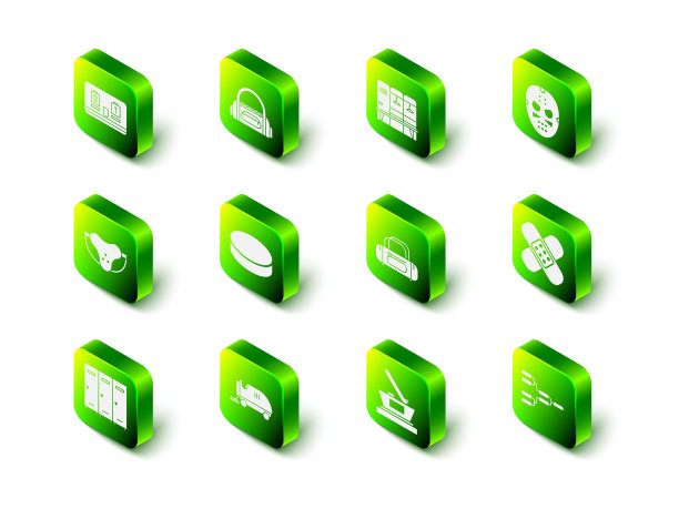 集运动包，更衣室更衣室，曲棍球面具，交叉绷带石膏，锦标赛支架，冰球杯冠军和表面图标。向量图片下载