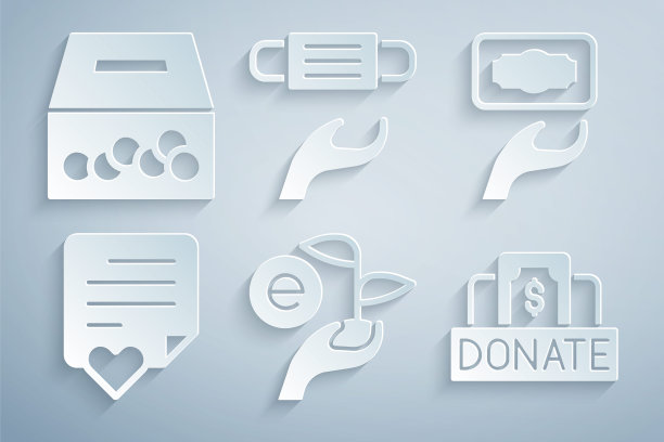 手捧树叶，捐赠慈善，爱心信封，医用防护面具和图标。向量图片下载