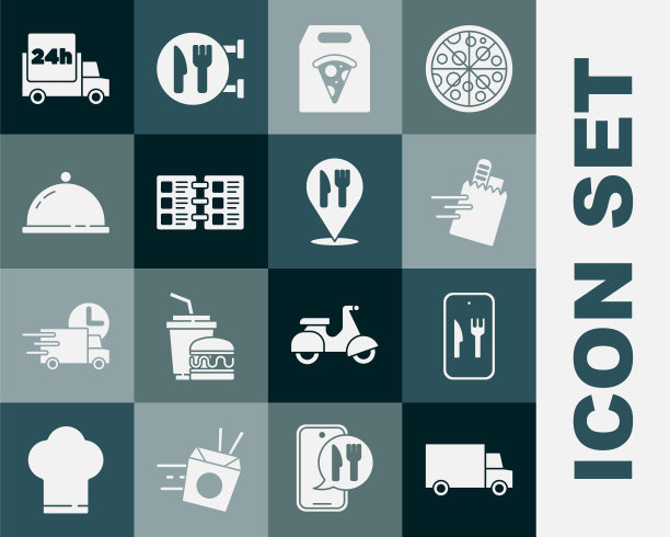 设置快速送货车，在线订购，披萨，餐厅餐厅菜单，覆盖托盘的食物，和咖啡馆餐厅位置图标。向量图片下载