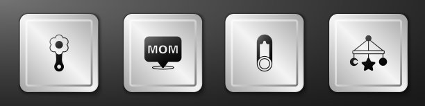 设置拨浪鼓婴儿玩具，语音泡泡妈妈，婴儿衣服别针和婴儿床挂玩具图标。银广场按钮。向量图片下载