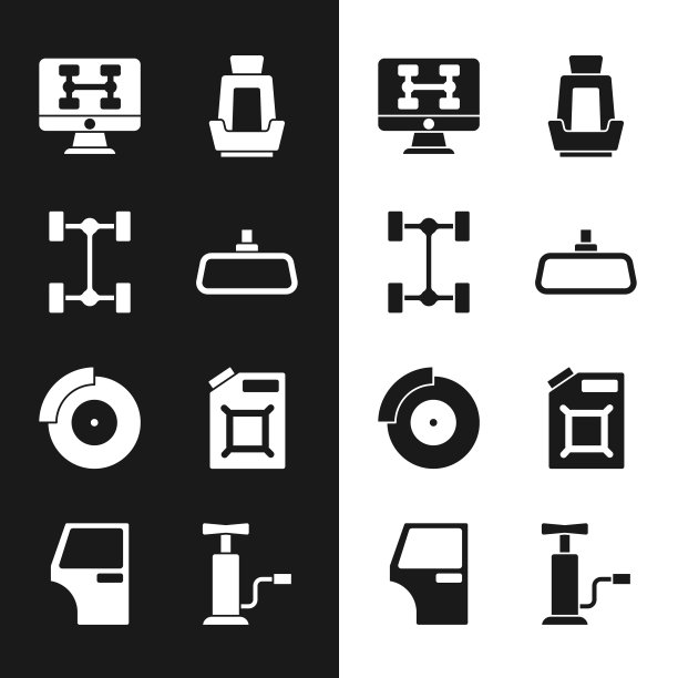 设置汽车后视镜，汽车底盘，诊断条件，座椅，刹车盘带卡钳，汽油罐，气泵和门图标。向量图片下载