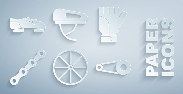 设置自行车车轮，手套，链条，齿轮，头盔和鞋子图标。向量图片下载