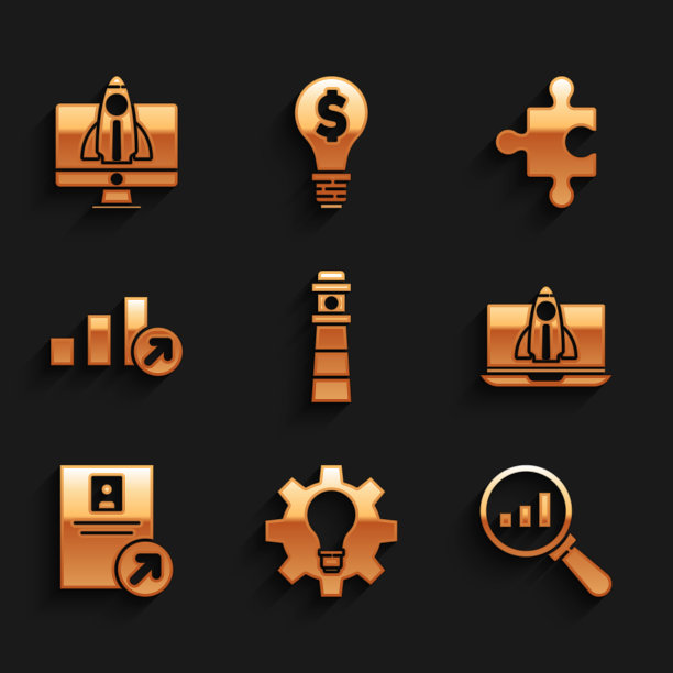 设置灯塔，灯泡和齿轮，放大镜分析，启动项目概念，工作晋升，财务增长，拼图和图标。向量图片下载