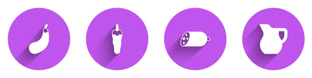 茄子，红辣椒，意大利腊肠和牛奶杯图标的长影子。向量图片下载