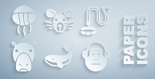 设置鲸鱼，衣领与姓名标签，河马或河马，猴子，老鼠的头和水母图标。向量图片下载