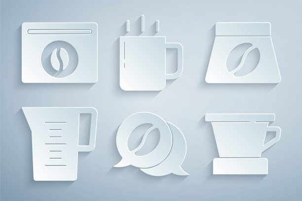 设置咖啡和对话，袋咖啡豆，水壶玻璃水，V60制造商，杯子和图标。向量图片下载