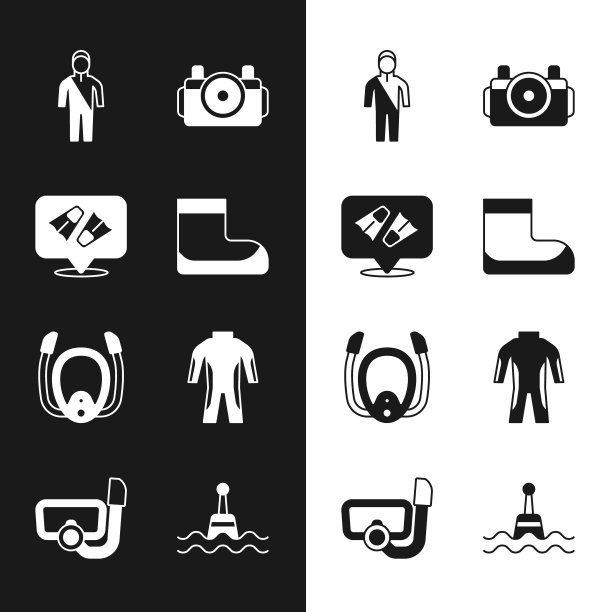 成套靴子，游泳脚蹼，潜水潜水服，照相潜水员，带通气管的潜水面罩，浮筒和图标。向量图片下载