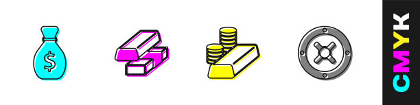 设置旧钱袋，黄金交易所，金币与金条和安全图标。向量图片下载