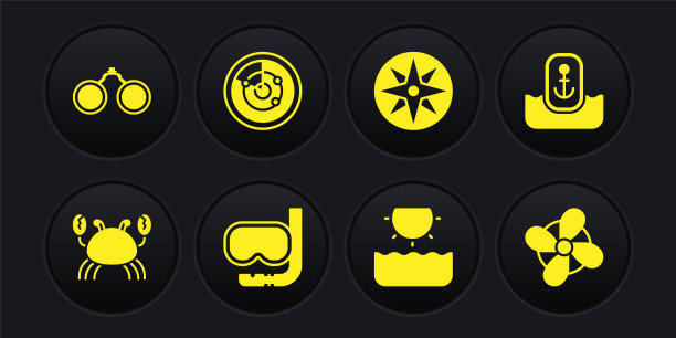 设置螃蟹，位置与锚，潜水面罩和通气管，太阳，风上升，雷达目标，船螺旋桨和双筒望远镜图标。向量图片下载