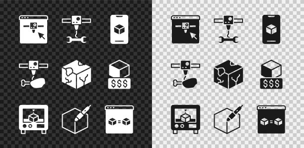 设置3D打印机设置，扳手扳手，软件，3D笔工具，完美复制，鸡腿和等距立方体图标。向量图片下载