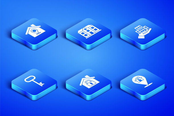 设置位置与房子，房子在保护，钥匙，和摩天大楼图标。向量图片下载