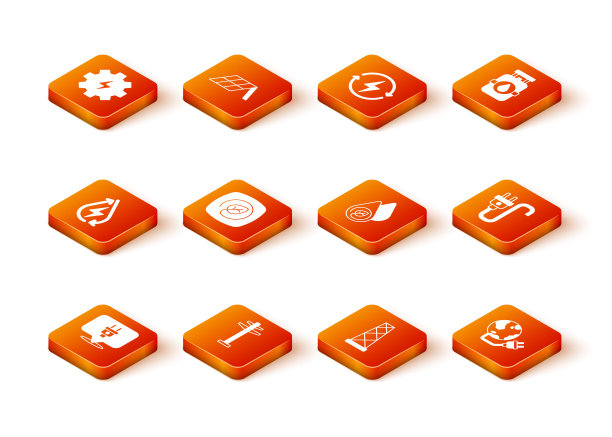 集电插头，电塔，水能，定位与树叶，天线，全球能源行星和图标。向量图片下载