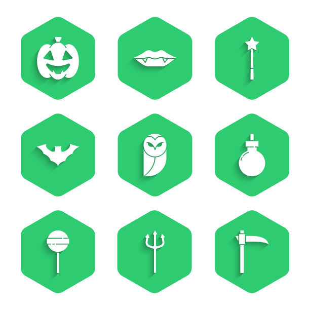 设置猫头鹰，海神三叉戟，镰刀，炸弹准备爆炸，棒棒糖，飞行蝙蝠，魔杖和南瓜图标。向量图片下载