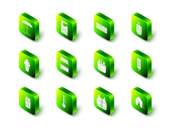 设有“请勿打扰”、“旅游门票”、“旅行箱”、“冰淇淋”、“旅游帐篷”、“清凉袋”、“水”、“救生衣”、“气象温度计”图标。向量图片下载