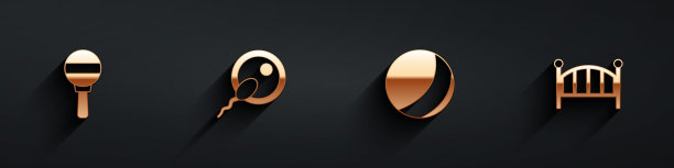 设置拨浪鼓婴儿玩具，精子，沙滩球和婴儿摇篮床图标与长影子。向量图片下载