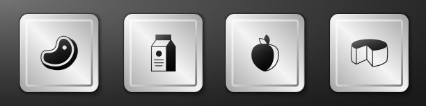 设置牛排肉，牛奶包装，李子水果和奶酪图标。银广场按钮。向量图片下载