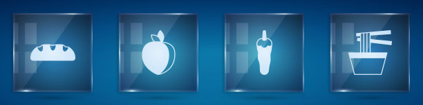 将面包、梅子、红辣椒、亚洲面放入碗中。方形玻璃面板。向量图片下载