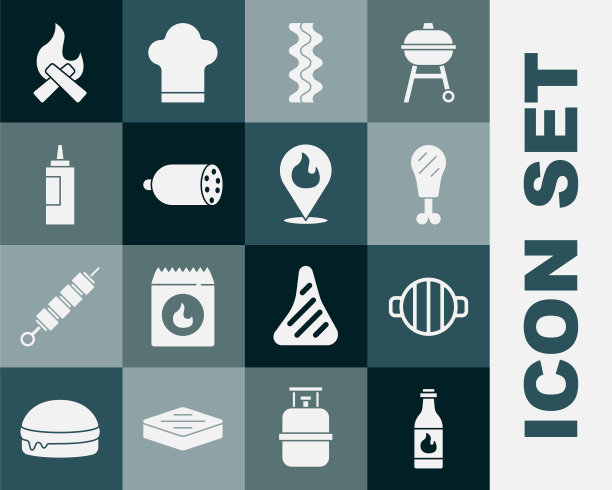 搭配塔巴斯科辣酱，烧烤架，鸡腿，培根条，意大利腊肠，调味瓶，篝火，有火焰图标的位置。向量图片下载