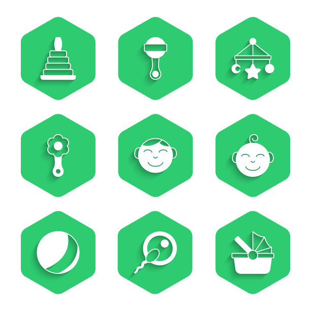 设置小男孩头，精子，婴儿推车，沙滩球，拨浪鼓婴儿玩具，婴儿床挂玩具和金字塔图标。向量图片下载