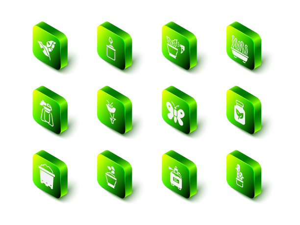 设置芽在瓶，喷洒植物，花盆，肥料，仙人掌peyote，蝴蝶，花园喷雾器肥料和种子碗图标。向量图片下载