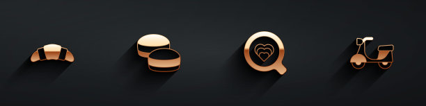 设置牛角面包，马卡龙饼干，咖啡杯和摩托车图标与长影子。向量图片下载