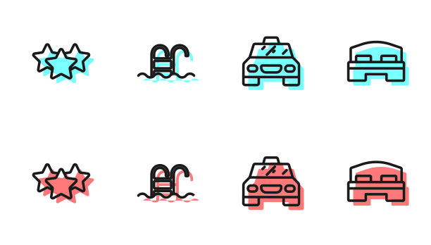 设有出租车、星级、游泳池和酒店客房床图标。向量图片下载