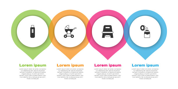 备有验孕棒、婴儿推车、便盆及吸乳器。业务信息模板。向量图片下载