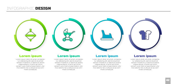集旋转玩具，婴儿车，便盆和t恤。业务信息模板。向量图片下载