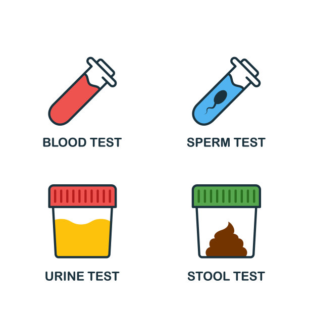 大便，尿，精子，血液测试平板图标。血液，粪便，精液，尿液图标的医学检查。实验室研究象形图样本。孤立的矢量图图片下载