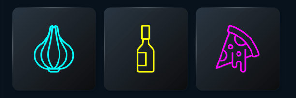 放好大蒜，披萨片和塔巴斯科沙司。黑色方形按钮。向量图片下载