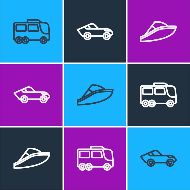 设置线路巴士，快艇和汽车图标。向量图片下载