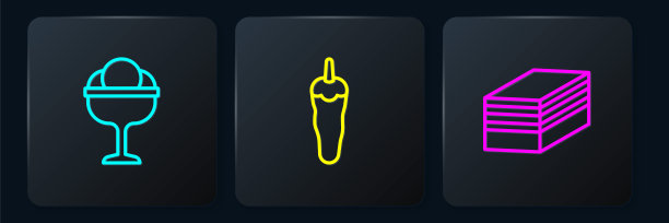 在碗里放上冰淇淋，蛋糕和辣椒。黑色方形按钮。向量图片下载