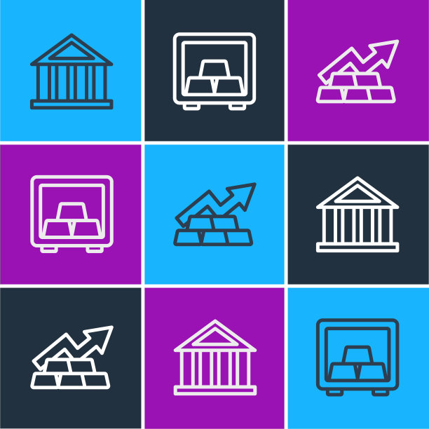 设置线银行建筑，增长箭头与金条和安全图标。向量图片下载