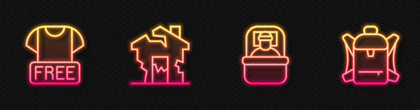 准备睡袋，捐赠衣物，废弃房屋和徒步背包。发光的霓虹灯图标。向量图片下载