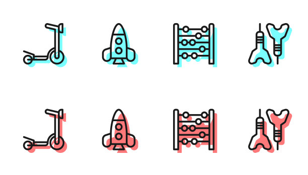 设置线算盘，滑板车，火箭船玩具和飞镖箭头图标。向量图片下载