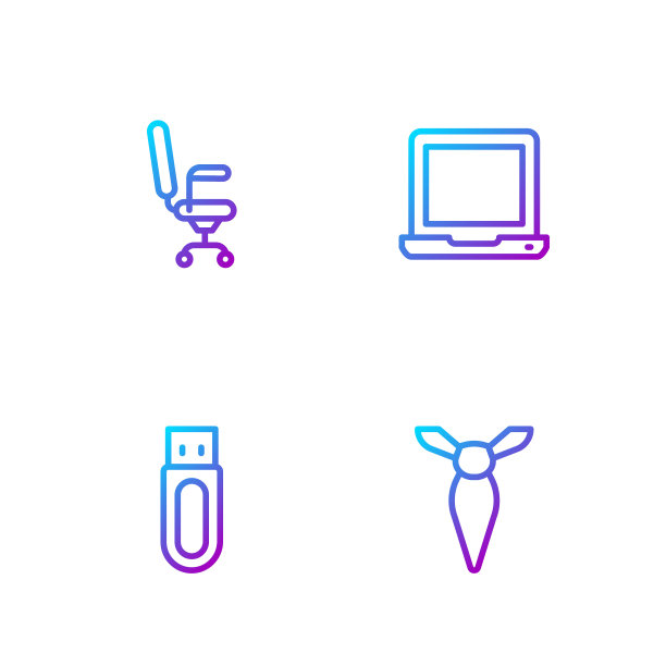 设置线领带，USB闪存，办公椅和笔记本电脑。渐变颜色图标。向量图片下载