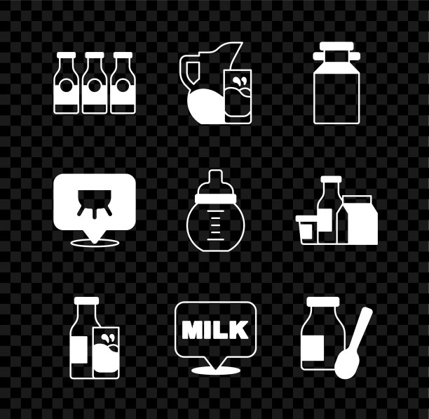 设置奶瓶，牛奶壶或水罐和玻璃，可以容器，刻字，喝酸奶瓶，乳房和婴儿图标。向量图片下载