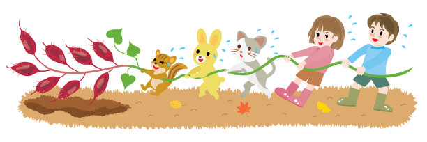 儿童和动物挖红薯的插图。图片下载