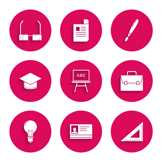 设置黑板，标识牌，三角尺，公文包，灯泡的概念，毕业帽，油漆刷和眼镜图标。向量图片下载