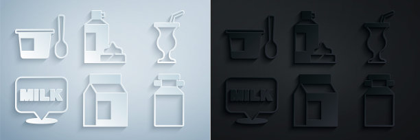 设置纸包牛奶，奶昔，刻字，罐头容器，奶油瓶和酸奶与勺子图标。向量图片下载