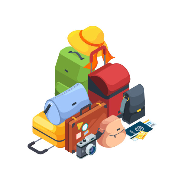 旅行的行李。机场包收集三维等距旅行包夏季冒险花哨的向量集图片下载