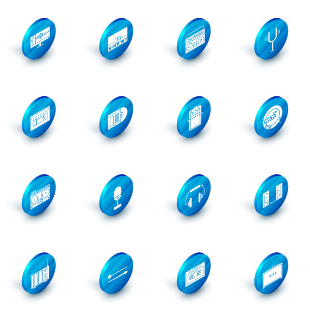 集钢琴，家庭立体声与两个扬声器，音乐音叉，VHS录像带磁带，DJ远程播放和混合音乐，黑胶唱片，CD播放器和吉他踏板图标。向量图片下载